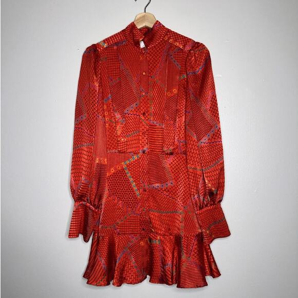 Alexis Lishan Red Fire Print Tie Neck Puff Sleeve Ruffle Hem Mini Dress XS - Picture 2 of 8